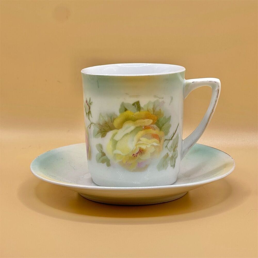 Vintage Porcelain Tea Cup & Saucer Hand-Painted Roses Antique 1900-1919
